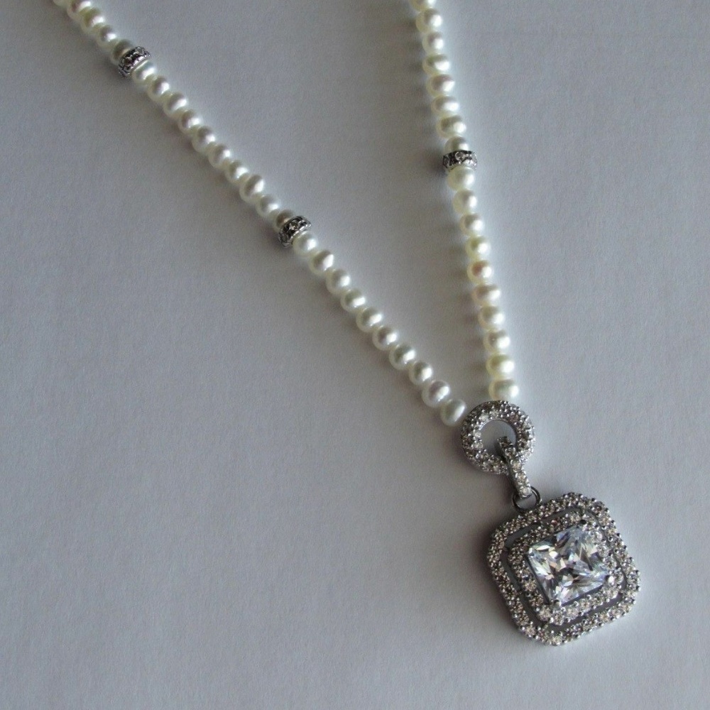 Joseph Esposito Sterling Silver CZ/Pearl Necklace.